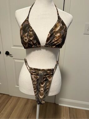 Women's Brown Snake-Print Triangle Bikini